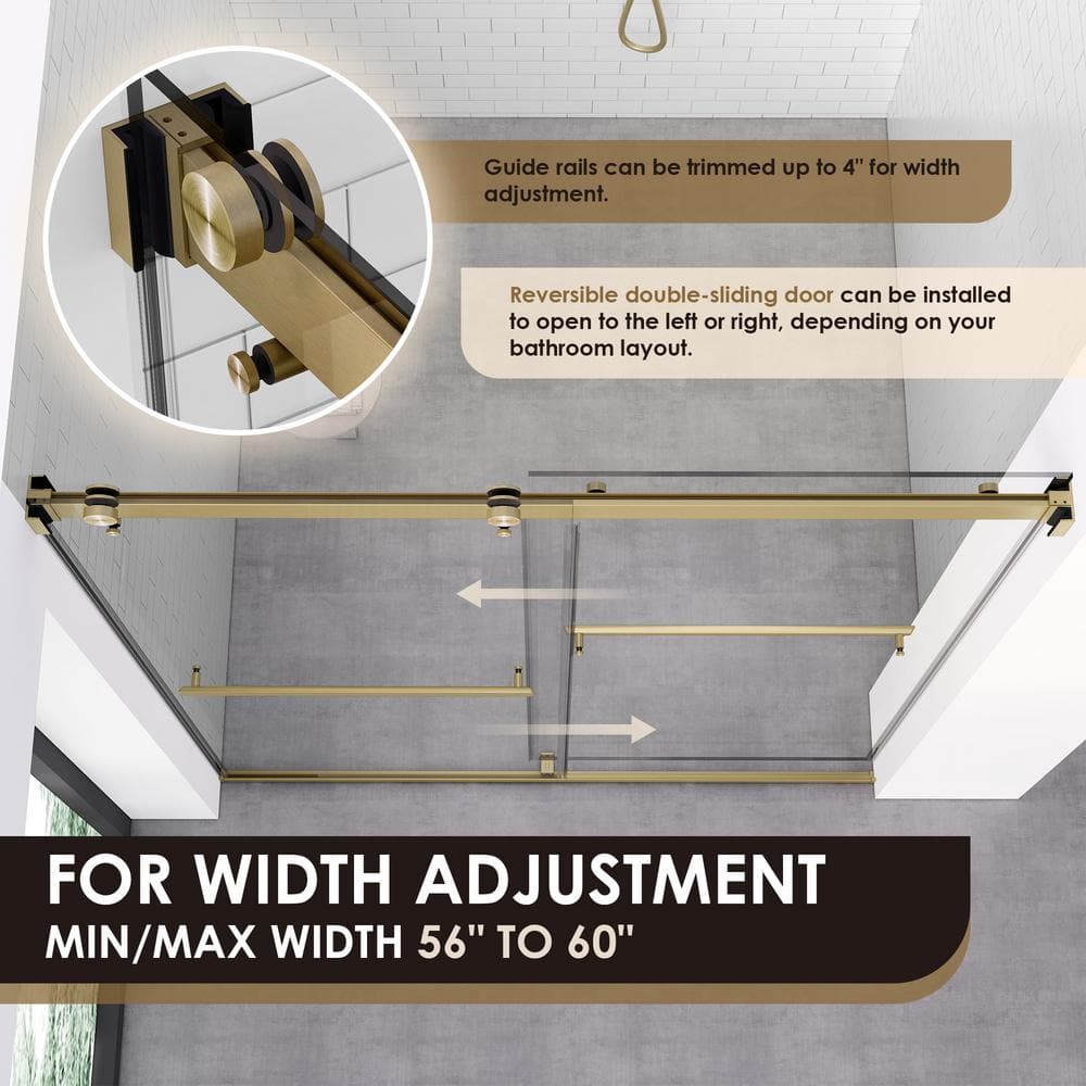 60" Gold Frameless Bypass Shower Door with Clear Glass