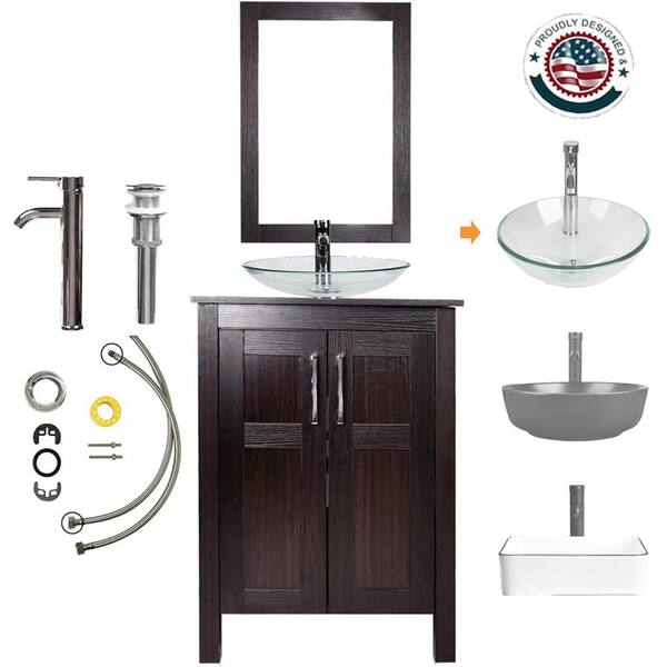 TOOLKISS 24 in. W x 19 in. D x 32.3 in. H Single Sink Bath Vanity in Brown with Top and Mirror