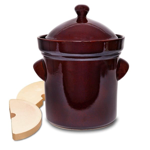 The Sausage Maker Polish Style 4 Piece Ceramic Burnt Sienna Fermentation Crock with Weights