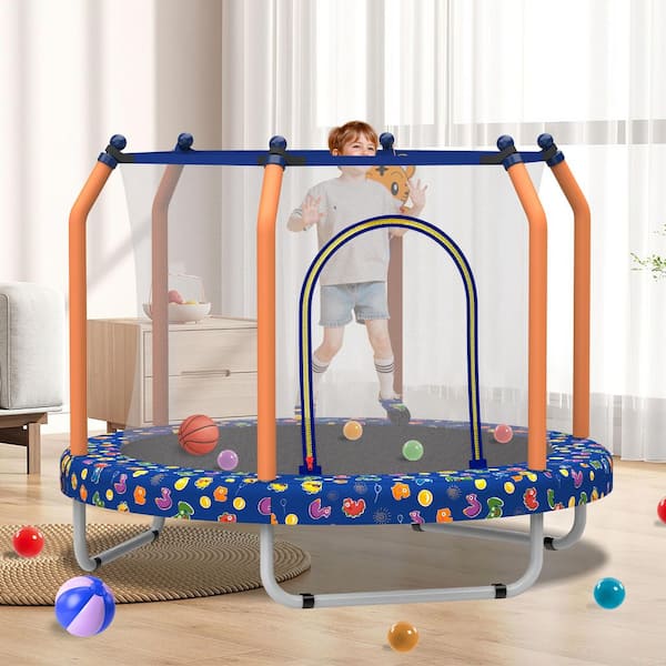 55 in. Small Toddler Trampoline with Basketball Hoop for Kids in Blue and Orange