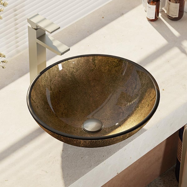 Rene Glass Vessel Sink in Regal Bronze and Earth Tones with R9-7003 Faucet and Pop-Up Drain in Brushed Nickel