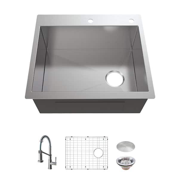 Glacier Bay Professional Zero Radius 25 in. Drop-In Single Bowl 16 Gauge Stainless Steel Kitchen Sink with Spring Neck Faucet