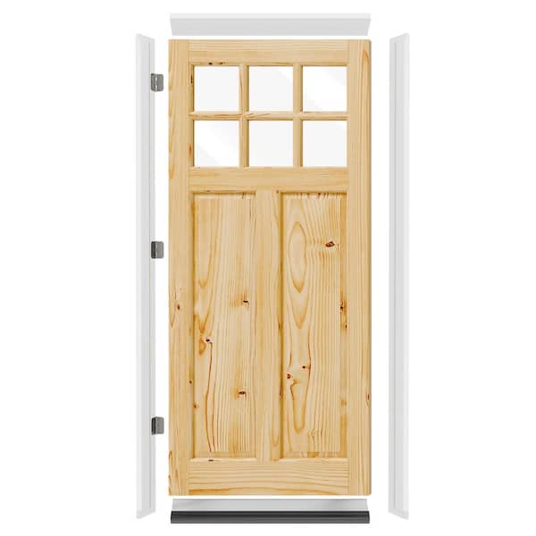 30 in. x 80 in. Pine 6-Lite Clear Glass Pre-hung Front Door with Door Header, Side Legs, Sill and Left-Handed Hinge Kit