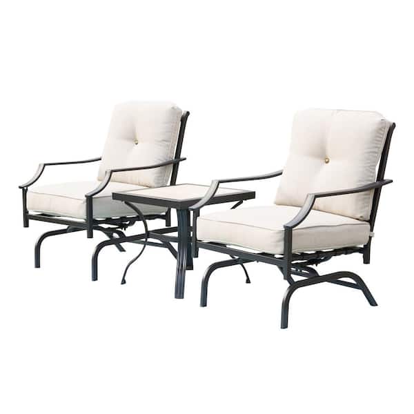 TOP HOME SPACE 3-Piece Metal Square Rocking Outdoor Bistro Set with Beige Cushion