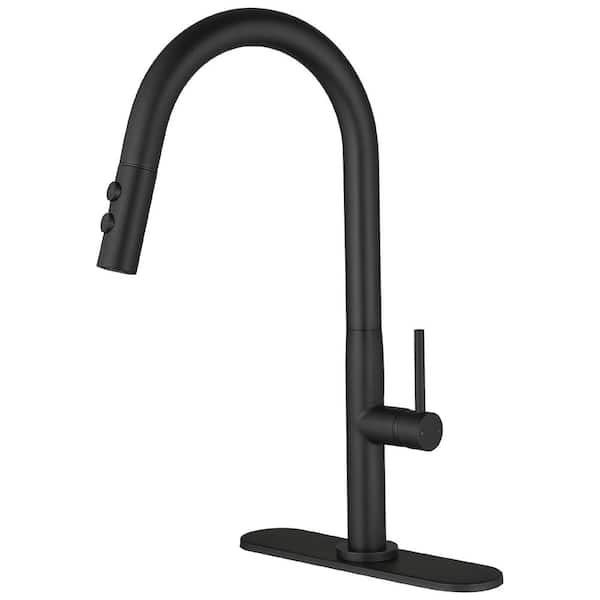 Fapully Single Handle Pull Down Sprayer Kitchen Faucet, Sing Hole Kitchen Sink Faucet with Plate in Matte Black