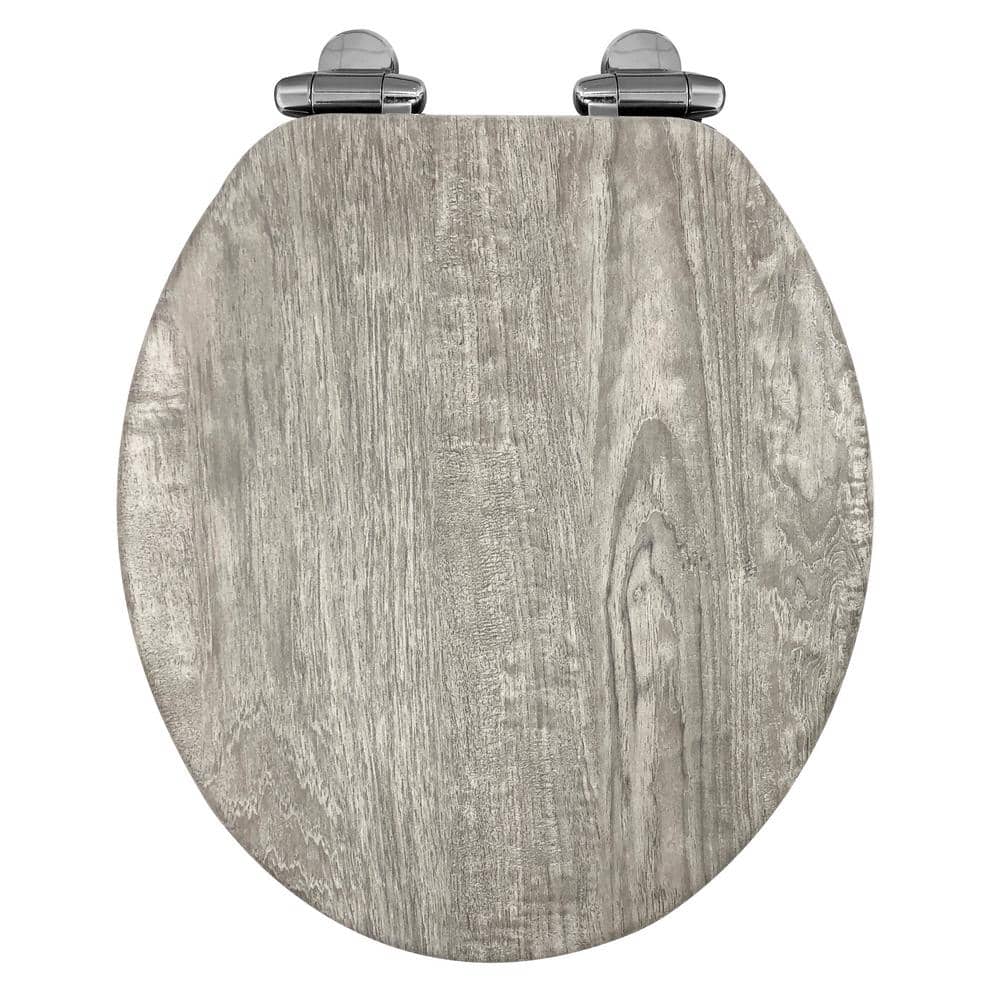 Round Distressed Gray Molded Wood Toilet Seat with Chrome Hinges