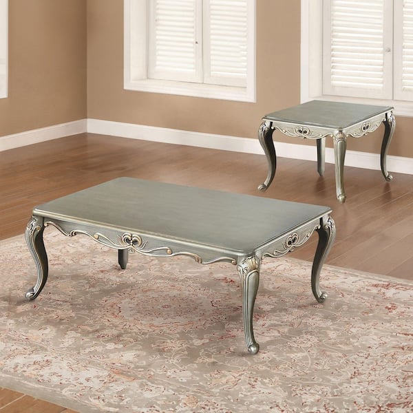 Furniture of America Hencet 2-Piece 48 in. Champagne Rectangle Wood Coffee Table Set with Ornate Details, Cabriole Legs, Gold Highlights