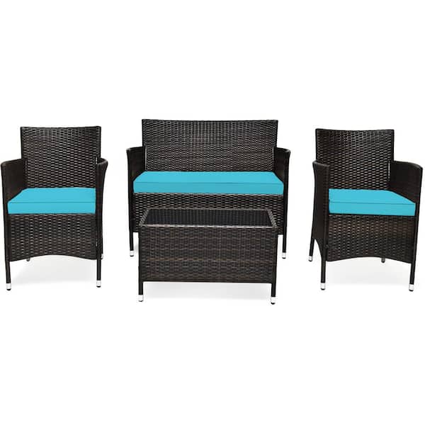 4-Piece Rattan Wicker Patio Conversation Set Patio Furniture Set Sofa Chair Table Set with Turquoise Cushions
