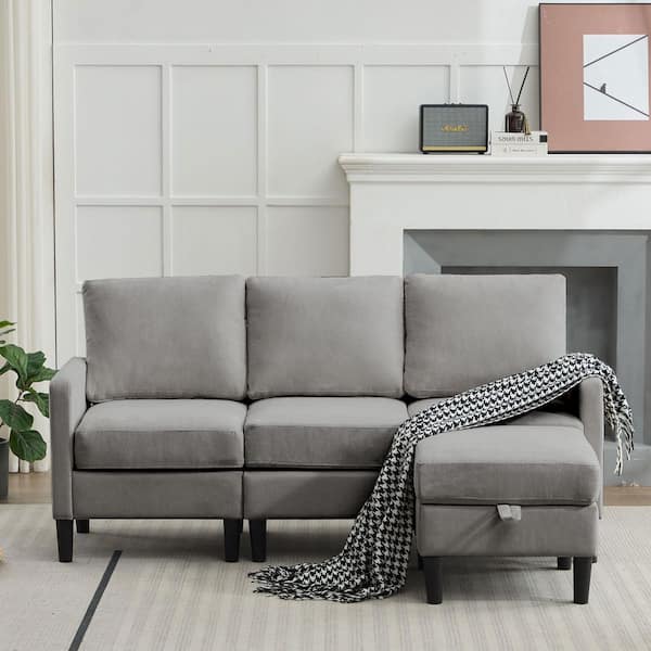 JEAREY 74.8 in. Square Arm Modern Fabric L-Shaped Sectional Sofa With Ottoman in Light Gray