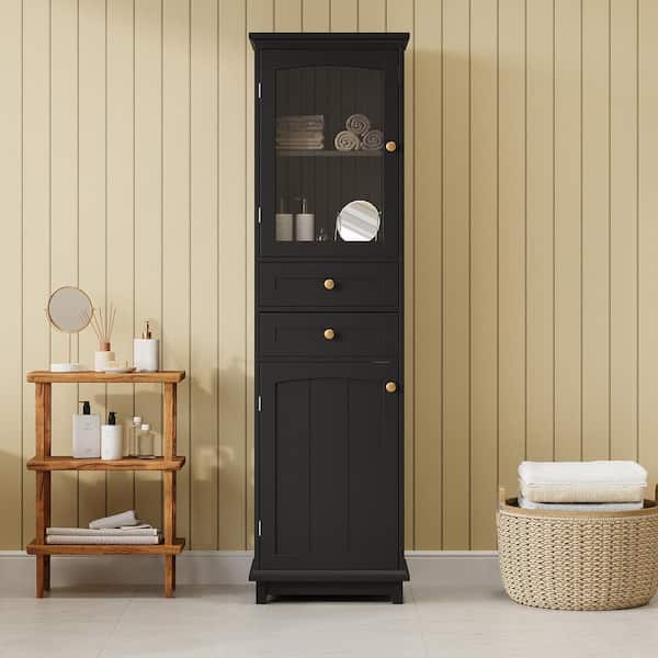 17.76 in. W x 14.21in. D x 62.99 in. H Black MDF Freestanding Linen Cabinet with Glass Doors and Adjustable Shelves