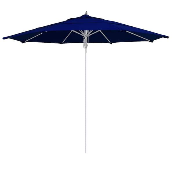 California Umbrella 11 ft. Silver Aluminum Commercial Fiberglass Ribs Market Patio Umbrella and Pulley Lift in True Blue Sunbrella