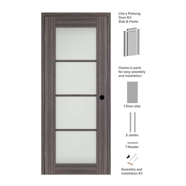 Belldinni Paola 24 in. x 80 in. Left-Hand 4-Lite Frosted Glass Gray Oak Composite Solid Core Wood Single Prehung Interior Door