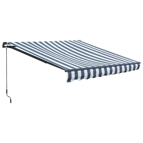 Aoodor 10 ft. x 8 ft. Metal Manual Patio Retractable Awnings 98.42 in. Projection in Gray/White Striped