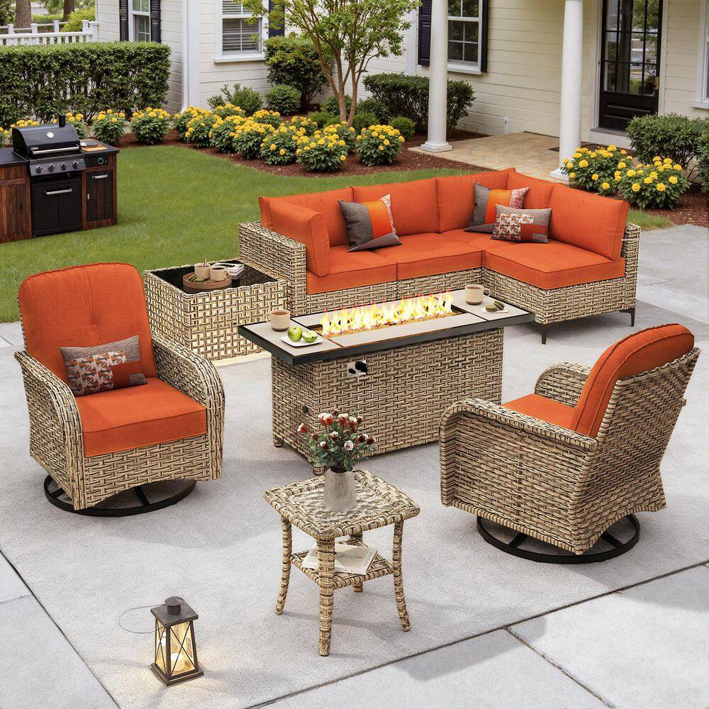 Solvoc 9-Piece Wicker Outdoor Patio Conversation Set with 54 in. Fire Pit Table, Orange Red Cushions and Swivel Chairs price history on PriceWatchPro