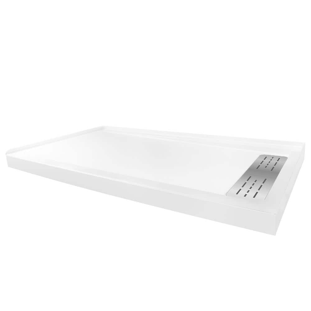 60" x 32" White Acrylic Shower Base with Stainless Steel Drain Cover