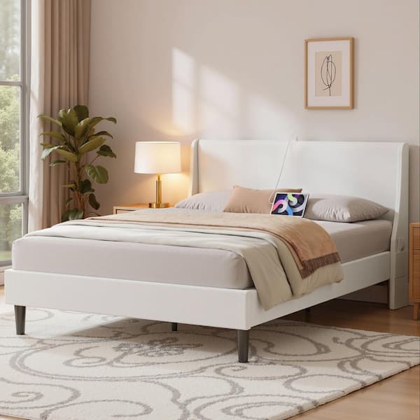VECELO Upholstered Bed Frame White Metal Frame Full Platform Bed with Headboard and Wingback Bed Frame USB and Type-C Ports