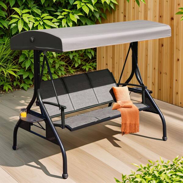 NOBLEMOOD 3-Person Outdoor Metal Patio Swing with Adjustable Canopy, Textline Seat, Foldable Side Trays, Grey