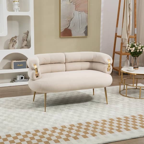 Clihome Mini Couch 27 in. Round Arm Velvet Rectangle Upholstered Sofa with Curved Backrest and Stylish Golden Decor in Beige