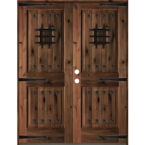 60 in. x 80 in. Mediterranean Knotty Alder Square Top with Red Mahogony Stain Right-Hand Wood Double Prehung Front Door