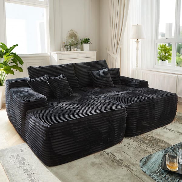 Allwex Snug 81 in. Wide Square Arm 2-Piece Corduroy L-Shape Deep Sleeper Modular Sectional Sofa bed in Black with Chaise