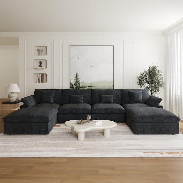 Sectional Sofa 6-Piece Linen U-Shaped Living Room Set Modular Free Combination Couch Black with Storage Ottoman