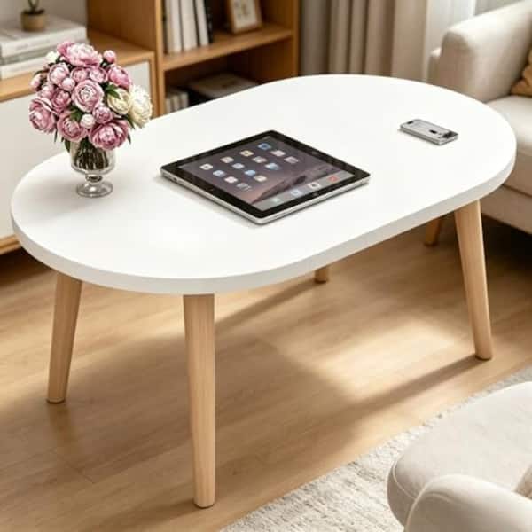 23.6 in. Oval Coffee Table with Solid Wood Legs, Space Saving Low
