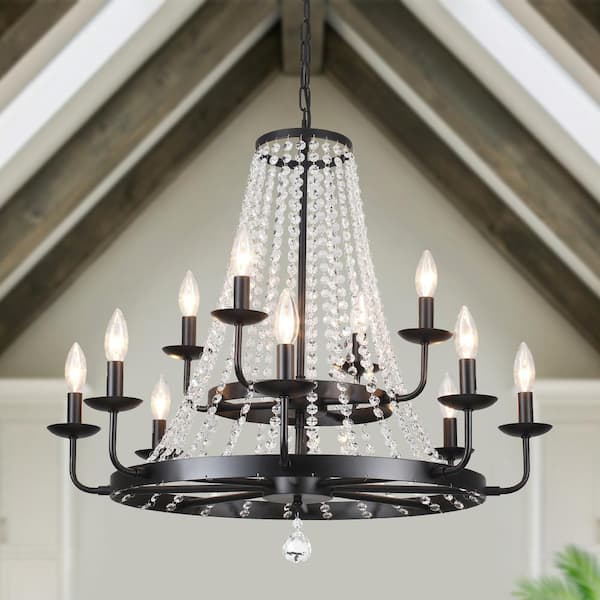 Immer 12 Light Black Candle Style Classic Empire Wagon Wheel Chandelier with Clear Crystal Accents for Kitchen Island