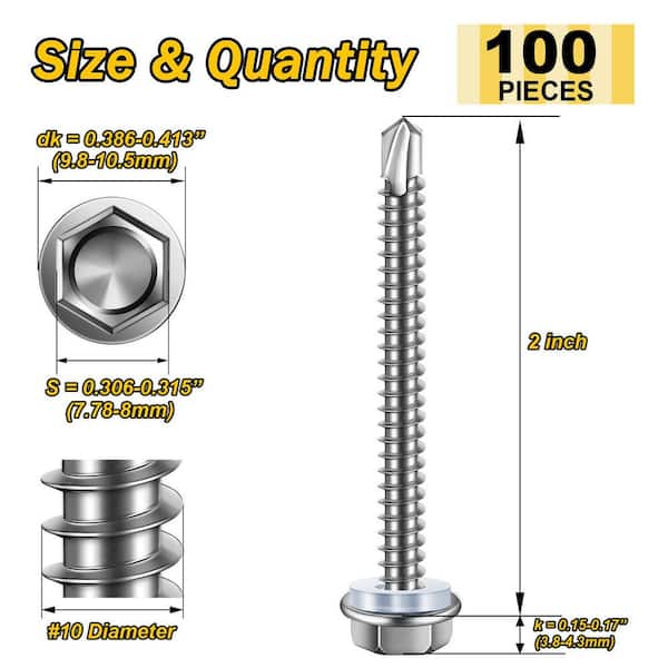 #10 x 2 in. Stainless Steel Hex Washer Head Self Drilling Sheet Metal Screws (100-Pack)