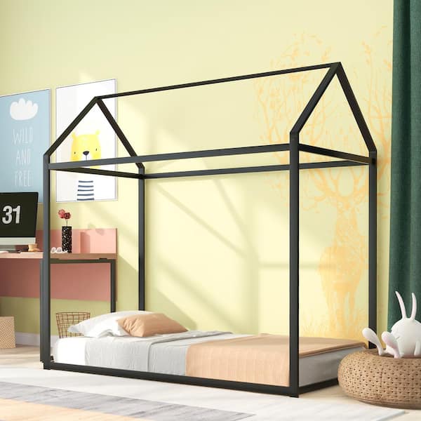 Polibi Black Frame House Frame Twin Size Metal Platform Bed