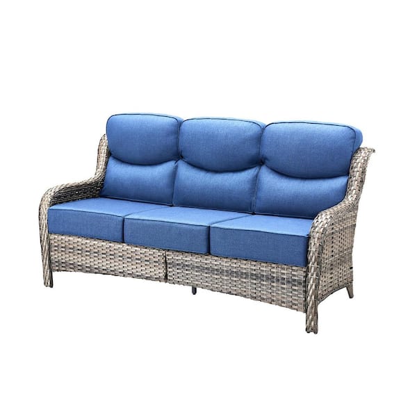 1-Piece Gray Wicker Patio Conversation Outdoor Couch, Patio Sofa with Blue Radian Cushions