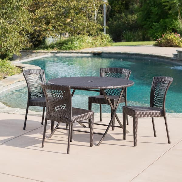 Noble House Louise Multi-Brown 5-Piece Faux Rattan Round Outdoor Dining Set with Foldable Table and Stacking Chairs