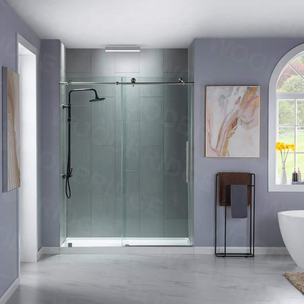 76” H Frameless Sliding Shower Door (56-60 Inch Adjustable Width) with Reversible Installation, Safety Glass, Anti-Splash Design