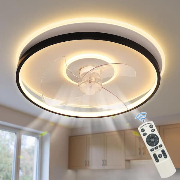 18 in. Black and White Bladeless Flush Mount Ceiling Fan Light with Remote, 3-Leaf Modern Low Profile Design for Bedroom