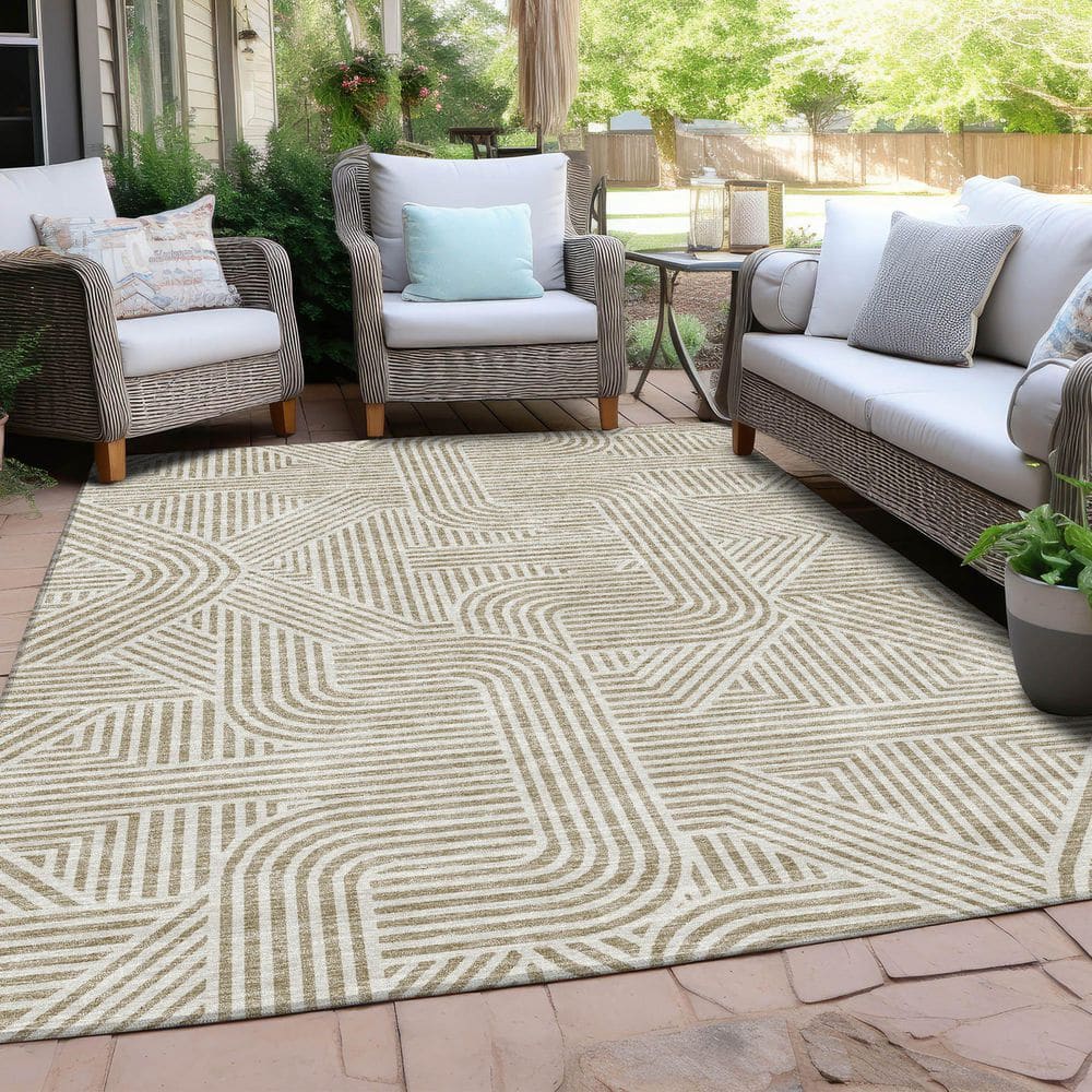 Beige and White Rectangular Synthetic Indoor Outdoor Rug