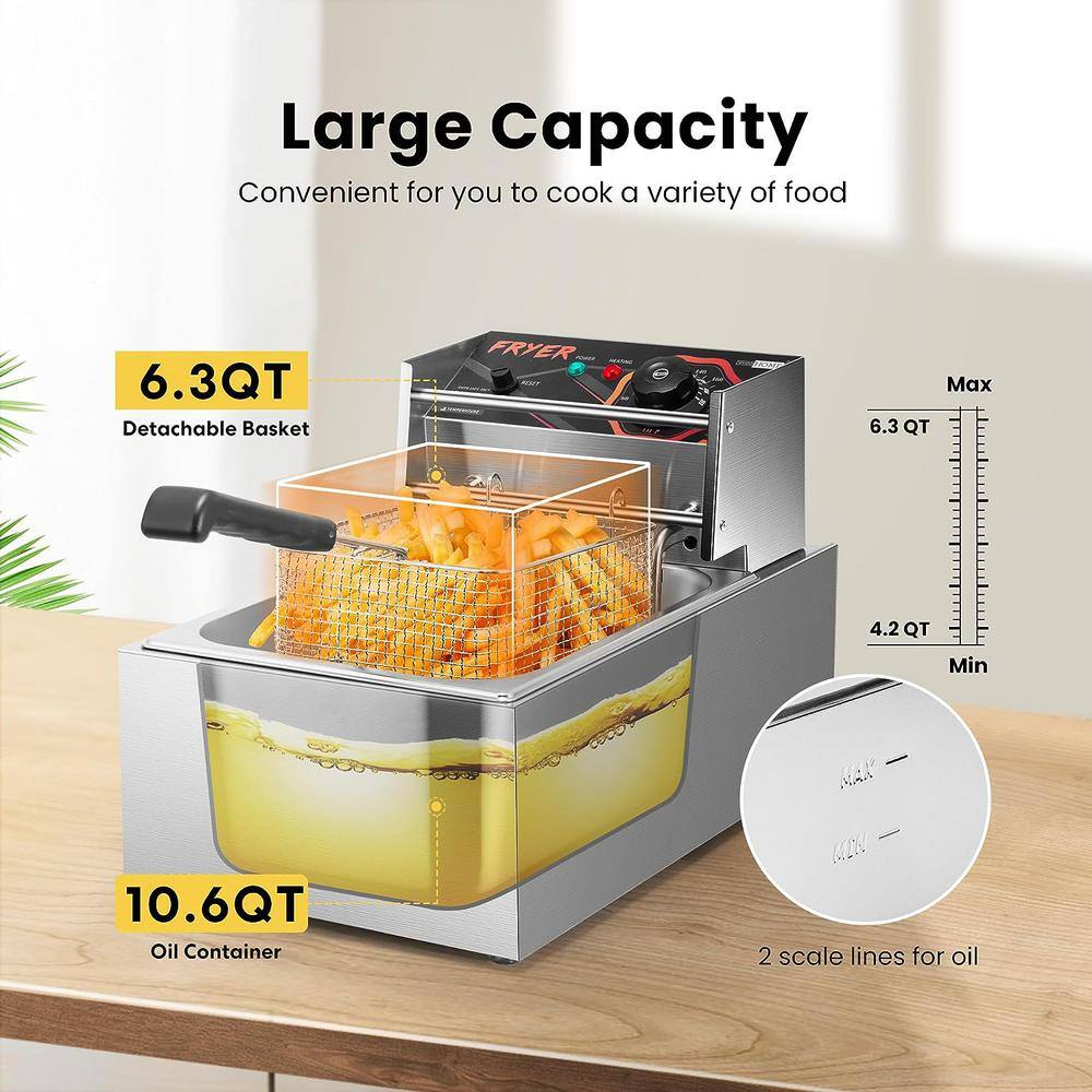 2500W Stainless Steel Electric Deep Fryer with 6.3 QT Basket