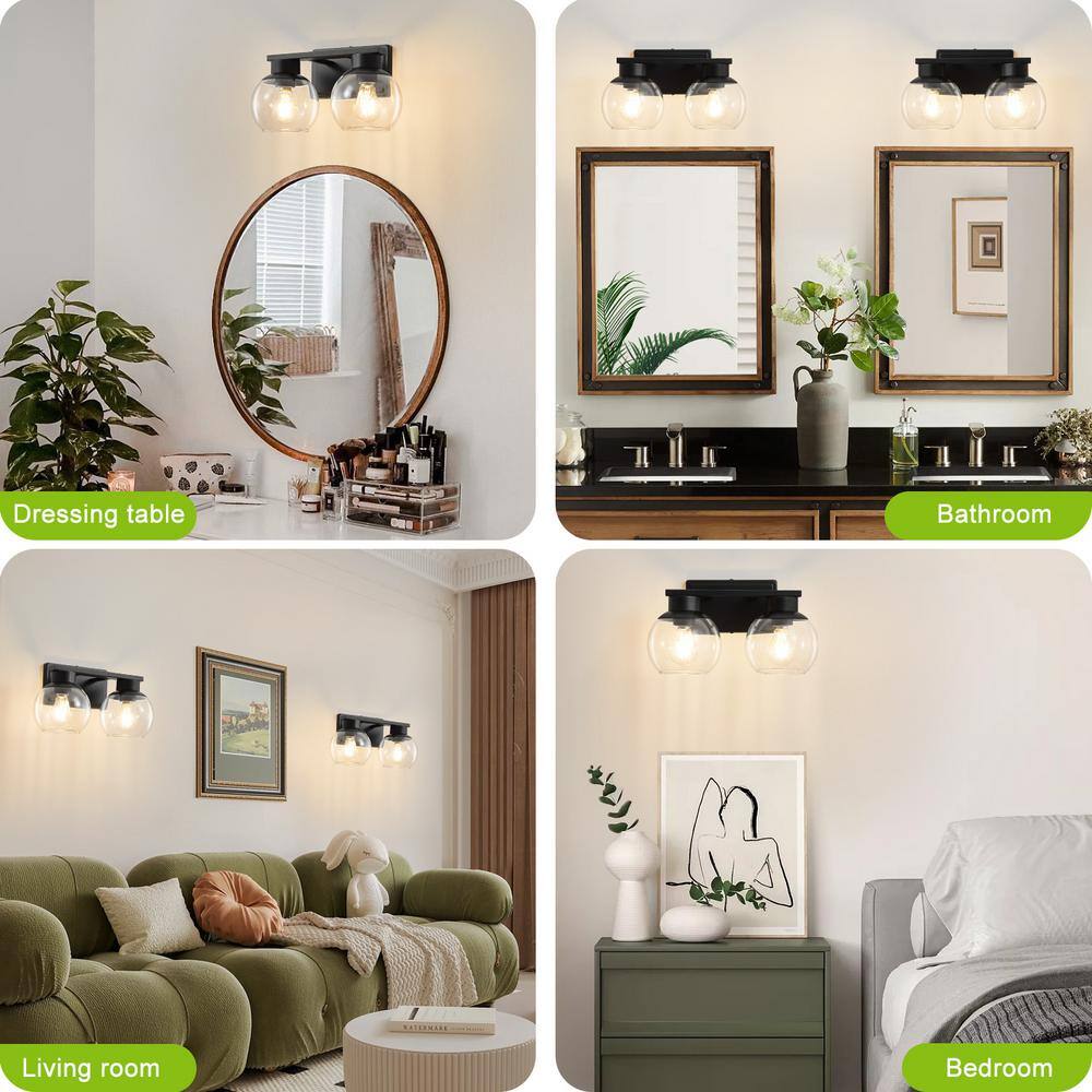 Black Metal 2-Light Bathroom Vanity Fixture with Clear Glass Shades