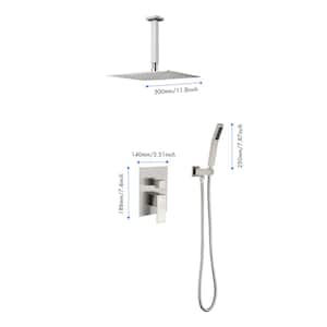 1-Spray Patterns 12 in. Ceiling Mount Square Rainfall Dual Shower Heads with Handheld in Brushed Nickel-C
