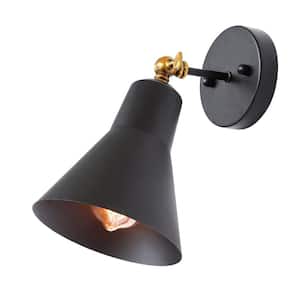1-Light Wall Sconce Adjustable Modern Wall Sconce with Black Shade and Vintage Brass Accents