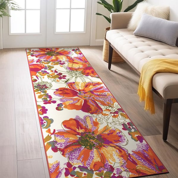 Contemporary Bright Flowers Non-Slip (Non-Skid) Multi 2 ft. 7 in. x 12 ft. Indoor Runner Rug
