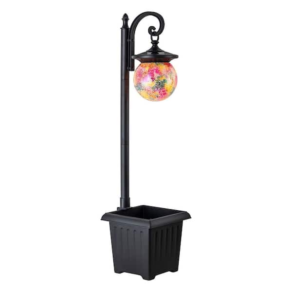 1-Light Solar Plastic Black LED Outdoor Weather Resistant Post Light Set with Planter and Mosaic Glass Shade