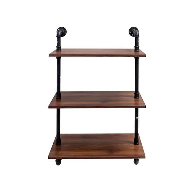 11.73 in. W x 24.02 in. D Industrial Piped Wooden Walnut Wall Mounted Shelves Decorative Wall Shelf with 3 Hooks