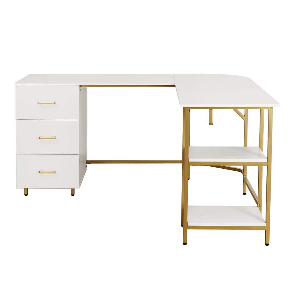 Gold and White L-Shaped Computer Desk with Drawers