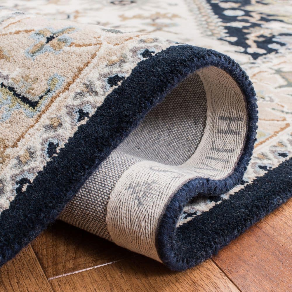 Beige and Navy Hand-Tufted Wool Square Area Rug 6' x 6'