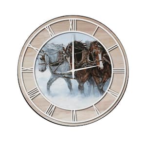"Winter Wind Horses" Woodgrain Accent and White Numbers Imaged Wall Clock