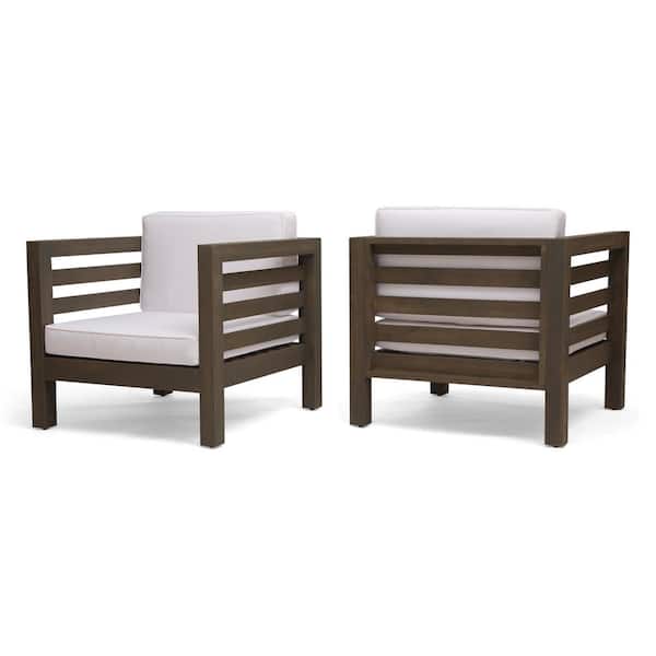 Noble House Oana Grey Removable Cushions Wood Outdoor Patio Club Chair with White Cushion (2-Pack)
