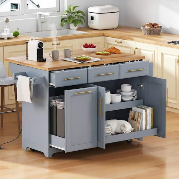 Modern Gray Wood 59.3 in. Drop Leaf Power Outlet Kitchen Island with Trash Can Storage and Pull Out Cabinet Organizers