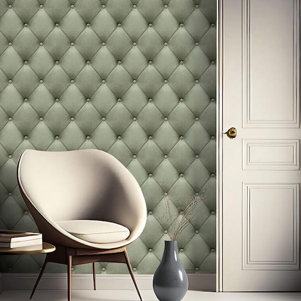 Faux Plush Quilted Diamond Upholstery Green Wallpaper Sample
