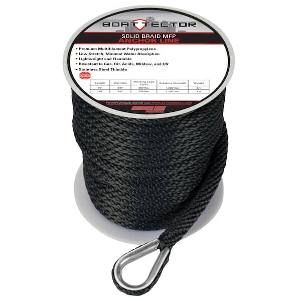 Extreme Max 3/8 in. x 100 ft. BoatTector Solid Braid MFP Anchor Line with Thimble in Black