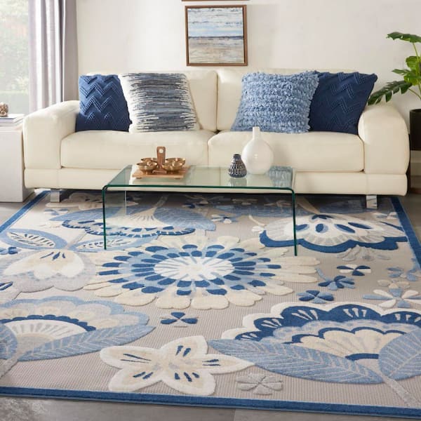 Aloha Blue/Gray 7 ft. x 10 ft. Floral Contemporary Indoor/Outdoor Patio Area Rug