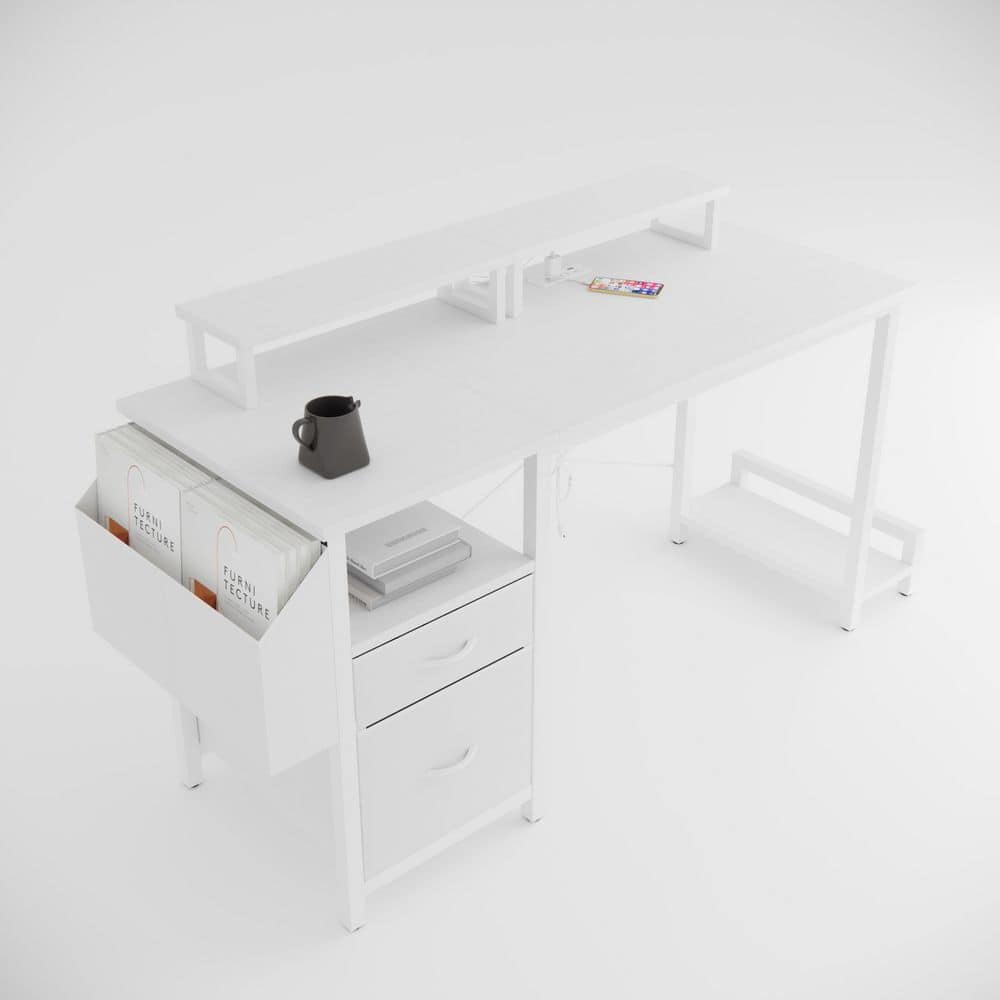 47.3 in. Computer Desk with Drawer and Power Outlets, Office Desk with 2 Monitor Stands and Fabric File Cabinet, White